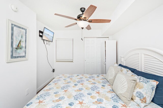 bedroom with ceiling fan and a closet