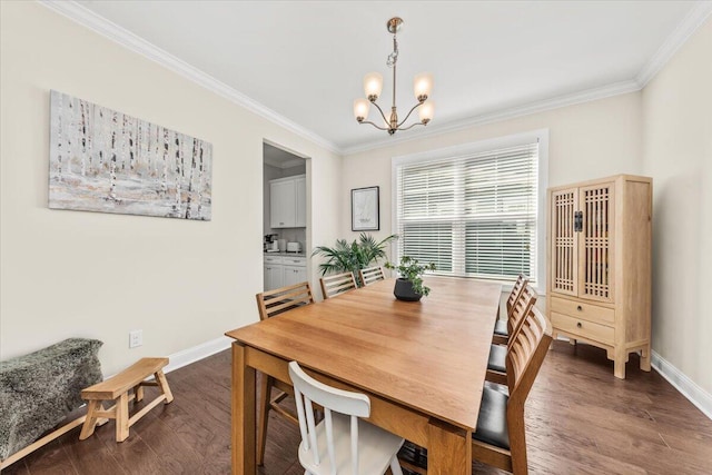 dining area with ornamental molding, a chandelier, baseboards, and dark wood-style flooring