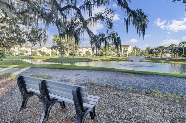 view of property's community with a water view, a residential view, and a yard