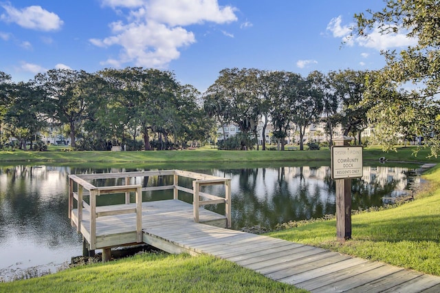 dock area featuring a water view and a yard