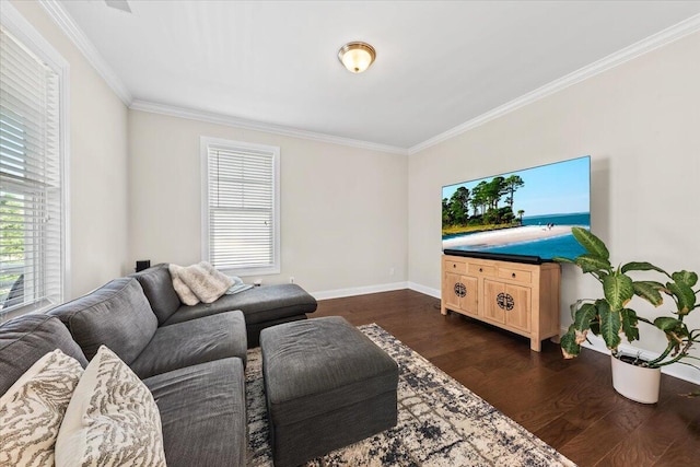 living area with dark wood-style flooring, crown molding, and baseboards