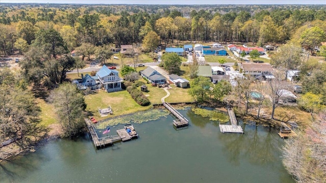 bird's eye view featuring a forest view and a water view