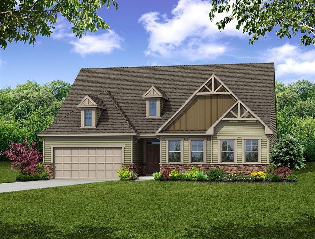 view of front facade with stone siding, board and batten siding, a front lawn, concrete driveway, and a shingled roof