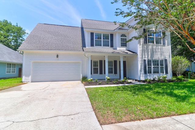 traditional home with concrete driveway, a front lawn, an attached garage, and a shingled roof