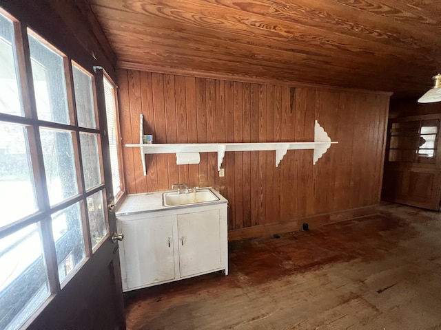 laundry area with a sink, dark wood-type flooring, wooden ceiling, and wood walls