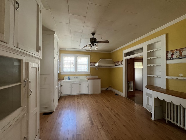 kitchen with visible vents, light wood-style flooring, a ceiling fan, under cabinet range hood, and crown molding