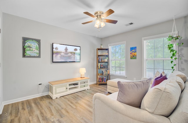 5433 Falling Tide, North Charleston, SC 29420 - living area with ceiling fan, wood finished floors, and baseboards