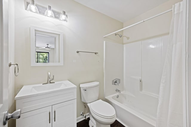 bathroom with vanity, toilet, and shower / bathtub combination with curtain