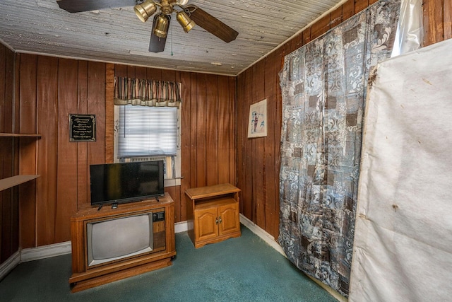 200 Fishburne St, Charleston, SC 29403 - sitting room featuring wooden walls, wood ceiling, carpet floors, and ceiling fan
