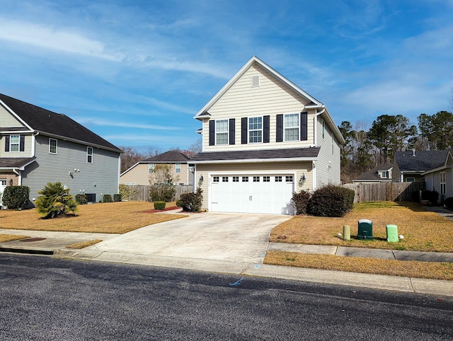 traditional-style house with a front lawn, fence, cooling unit, a garage, and driveway