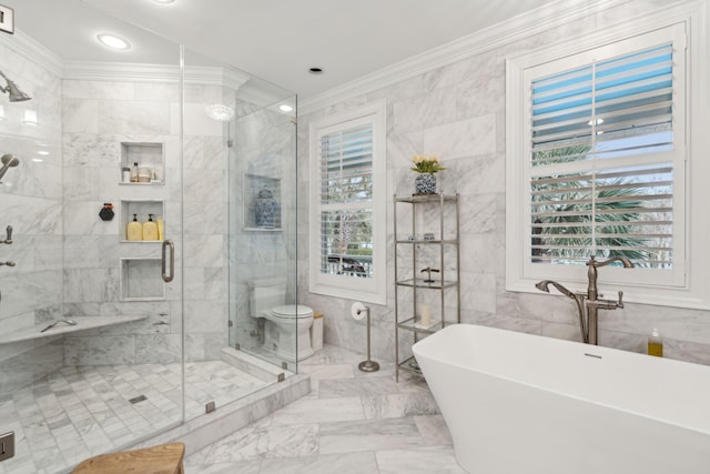 bathroom featuring crown molding, toilet, independent shower and bath, and tile walls