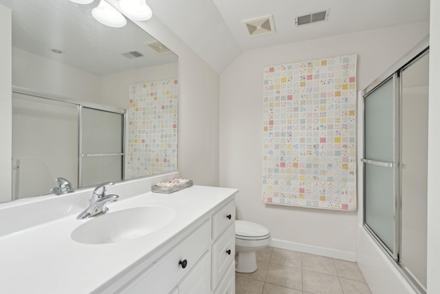 full bathroom featuring bath / shower combo with glass door, vanity, vaulted ceiling, tile patterned floors, and toilet