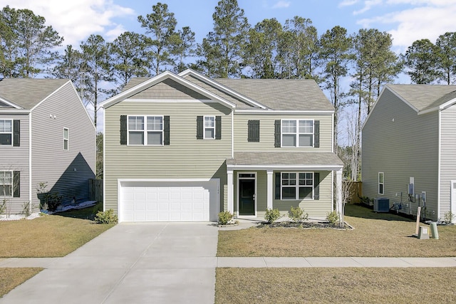 view of front facade featuring a garage, a front yard, driveway, and central air condition unit