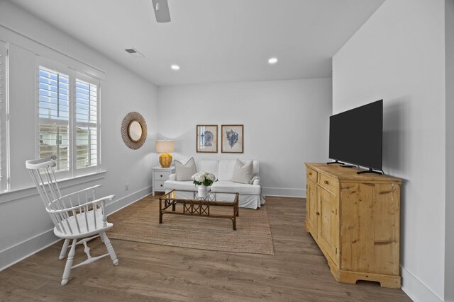 1557 Kepley Dr, Mount Pleasant, SC 29464 - living room with wood finished floors, baseboards, recessed lighting, and ceiling fan