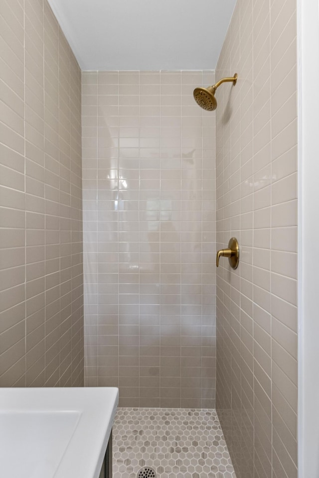full bathroom with vanity and tiled shower