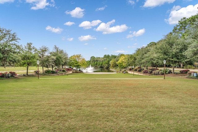 view of property's community with a lawn and a water view