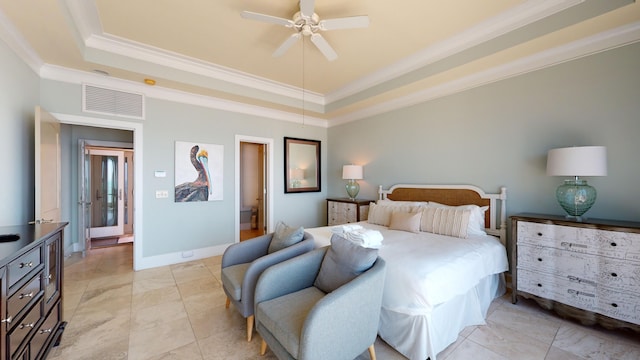 bedroom with ceiling fan, ornamental molding, light tile flooring, and a raised ceiling