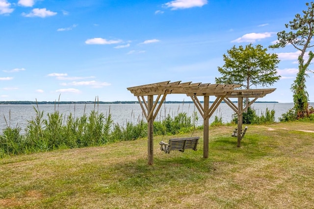 view of property's community featuring a water view and a lawn