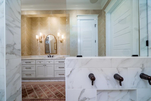 full bathroom with wallpapered walls, vanity, a shower, and crown molding