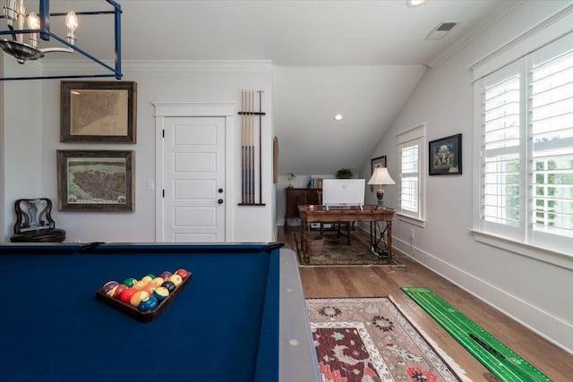 playroom with wood finished floors, a chandelier, baseboards, lofted ceiling, and visible vents