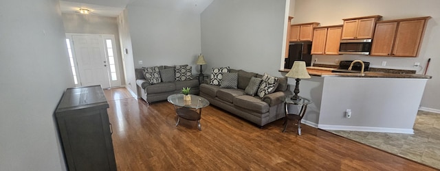 living room with baseboards, high vaulted ceiling, and wood finished floors