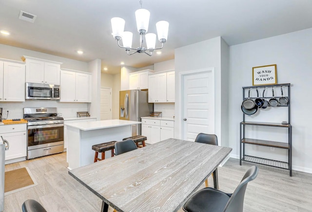 kitchen with pendant lighting, appliances with stainless steel finishes, a center island, and white cabinetry