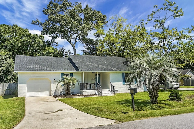 ranch-style house featuring driveway, brick siding, a front yard, and fence