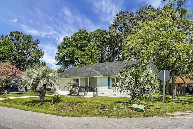 view of front of property with driveway, a garage, roof with shingles, crawl space, and a front lawn