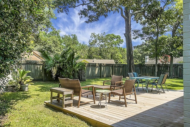 deck featuring a fenced backyard and a yard