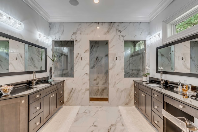 371 Live Palmetto Blf, Mount Pleasant, SC 29464 - bathroom featuring vanity, ornamental molding, tiled shower, and tile walls