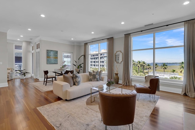 living room with wood-type flooring, a water view, and crown molding