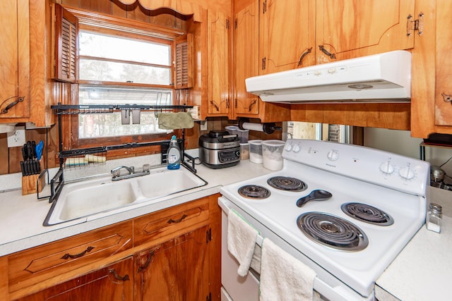 kitchen with white electric stove and sink