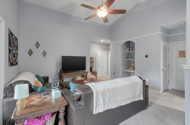 2632 Egret Crest Ln, Charleston, SC 29414 - living room with ceiling fan, high vaulted ceiling, light carpet, and baseboards