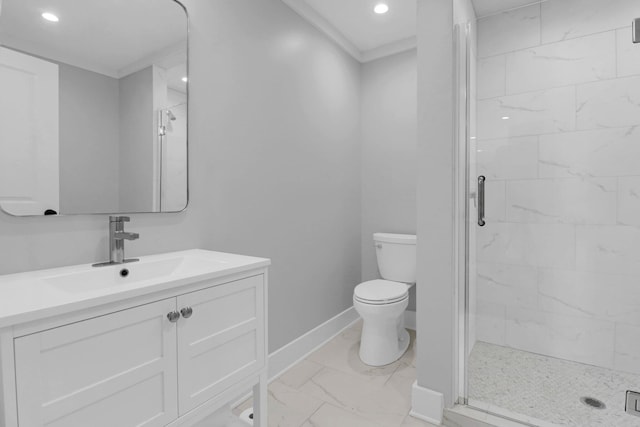 bathroom featuring an enclosed shower, tile patterned flooring, crown molding, toilet, and vanity