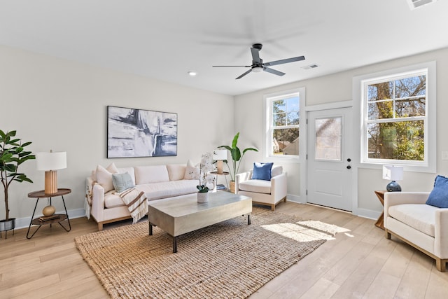 living area featuring light wood-type flooring, baseboards, and visible vents