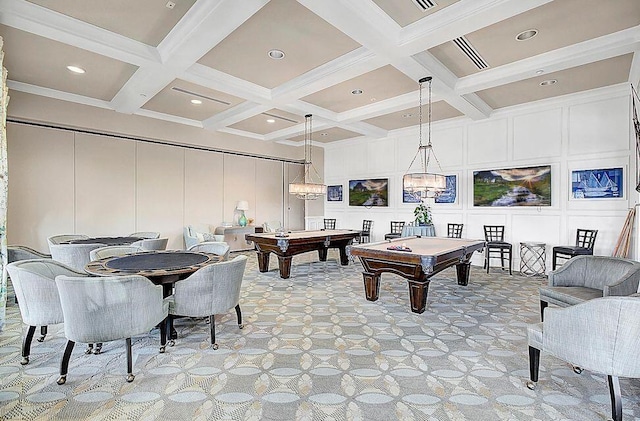 253 River Martin Ct, Summerville, SC 29483 - playroom featuring coffered ceiling, beam ceiling, pool table, light carpet, and a decorative wall