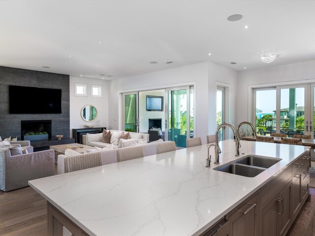 kitchen with a sink, open floor plan, and a fireplace