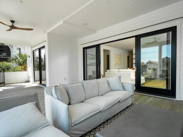 view of patio with ceiling fan, outdoor lounge area, and french doors