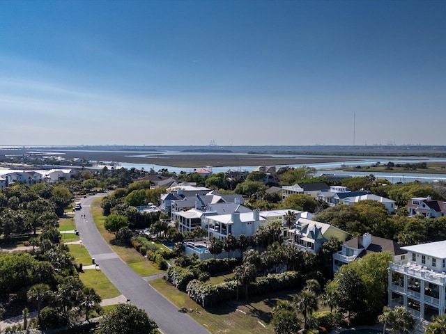 aerial view with a water view and a residential view