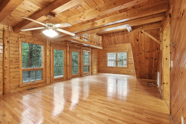 unfurnished living room with beam ceiling, wooden walls, wooden ceiling, and light wood-type flooring