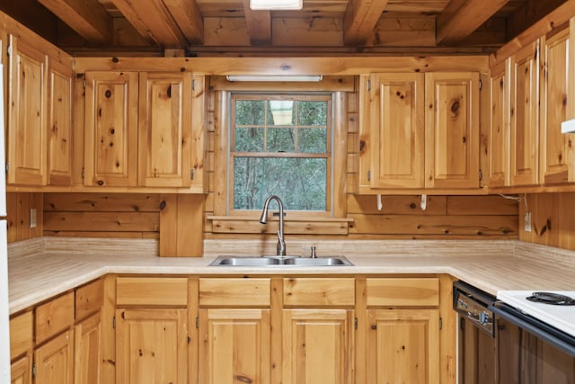 kitchen featuring wood ceiling, dishwasher, sink, and wood walls