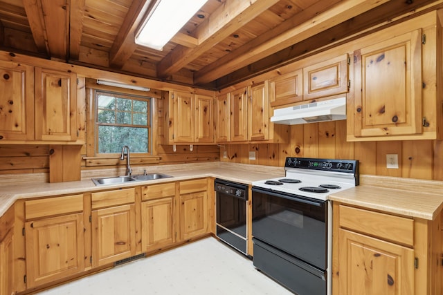 kitchen with electric range oven, wood walls, dishwasher, sink, and wooden ceiling