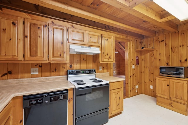 kitchen with wood walls, beamed ceiling, dishwasher, wood ceiling, and electric stove