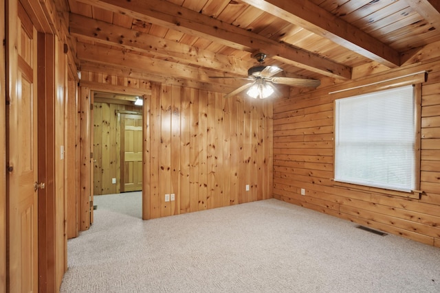 spare room with beamed ceiling, carpet, wooden ceiling, and wooden walls