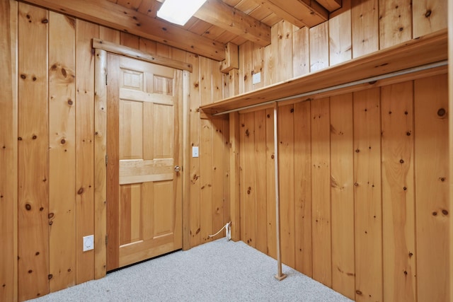 storage with beam ceiling and carpet floors