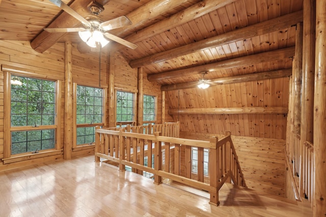 additional living space featuring ceiling fan, wooden ceiling, wooden walls, and light hardwood / wood-style flooring