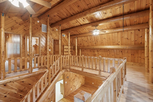 interior space featuring wood ceiling, ceiling fan, wood-type flooring, beamed ceiling, and wood walls