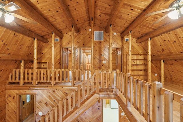 interior space with lofted ceiling with beams, wooden walls, wood ceiling, and ceiling fan