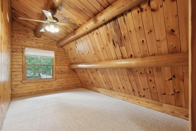 bonus room with vaulted ceiling with beams, carpet floors, wooden ceiling, and wood walls