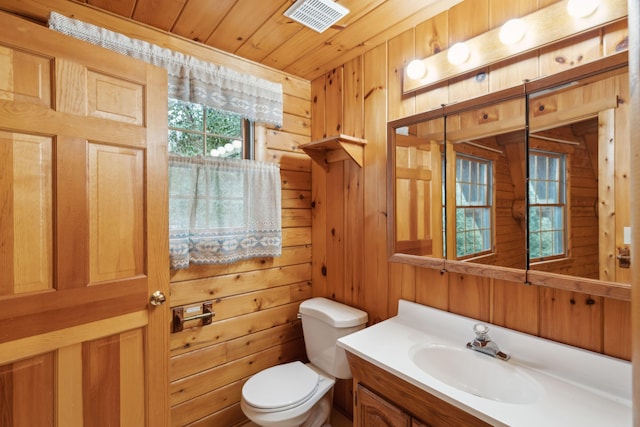 bathroom with vanity, wooden ceiling, wooden walls, and toilet